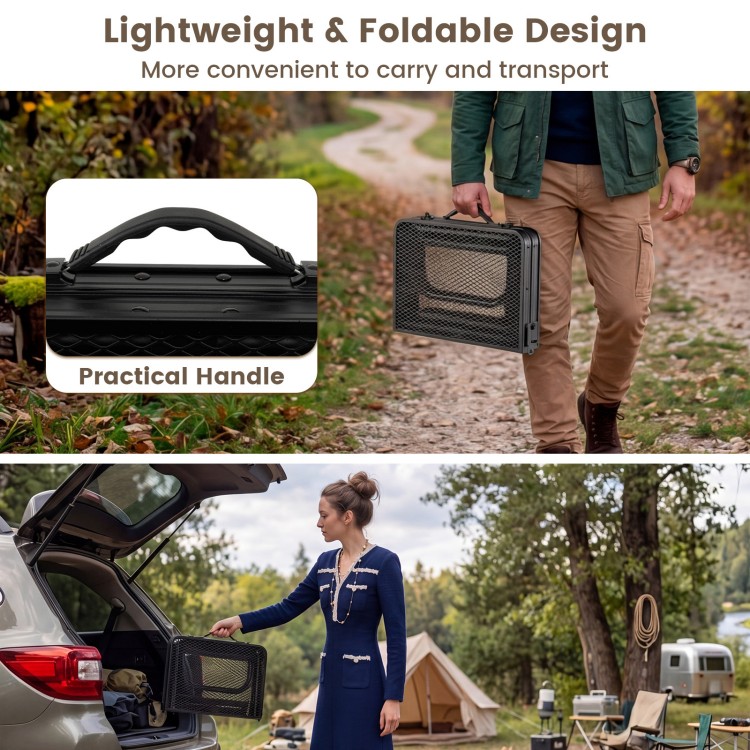 3-height folding picnic table in black with a practical handle, large storage net, and lightweight design for easy.