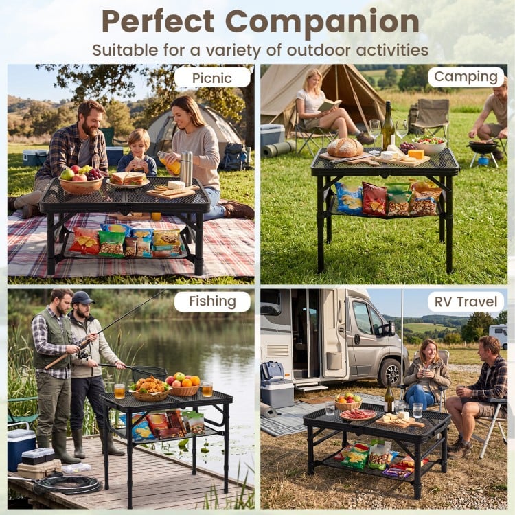3-height folding picnic table in black with large storage net, perfect for camping, picnics, and outdoor activities.