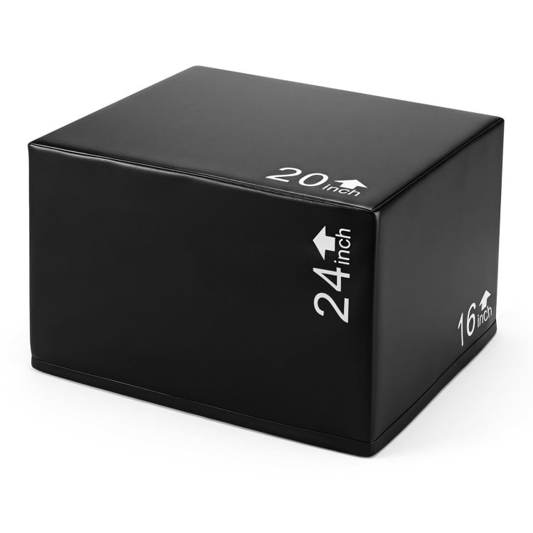 Black 3-in-1 foam plyometric box with three heights, featuring a waterproof PU cover for easy cleaning and durability.