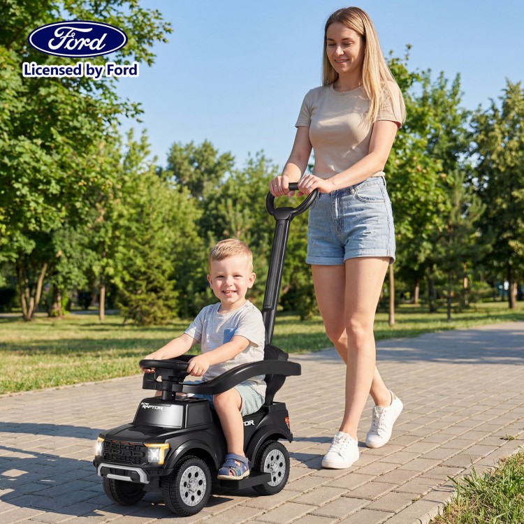 3-in-1 licensed Ford push car for toddlers in black, featuring a detachable handle and all-terrain wheels for outdoor.