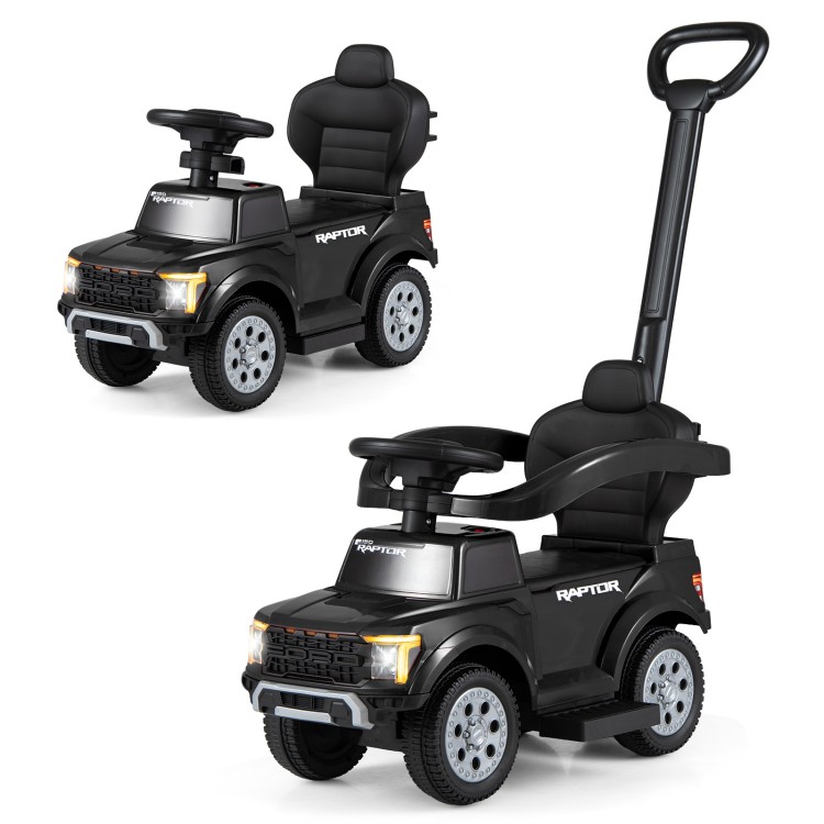 3-in-1 licensed Ford push car for toddlers in black, featuring a detachable handlebar and multifunctional steering.