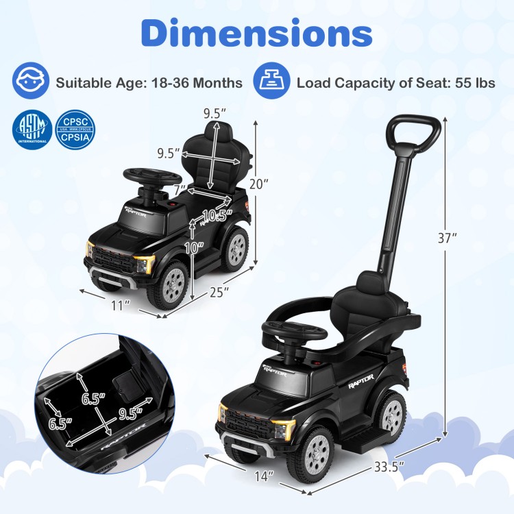 3-in-1 licensed Ford push car for toddlers in black, featuring a detachable handle and all-terrain wheels for versatile.