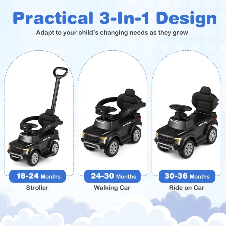 3-in-1 licensed Ford push car for toddlers in black, convertible from stroller to walking car to ride-on, with LED.