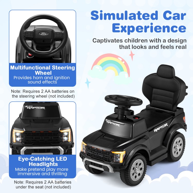 Licensed Ford push car for toddlers in black with multifunctional steering wheel and eye-catching LED headlights.