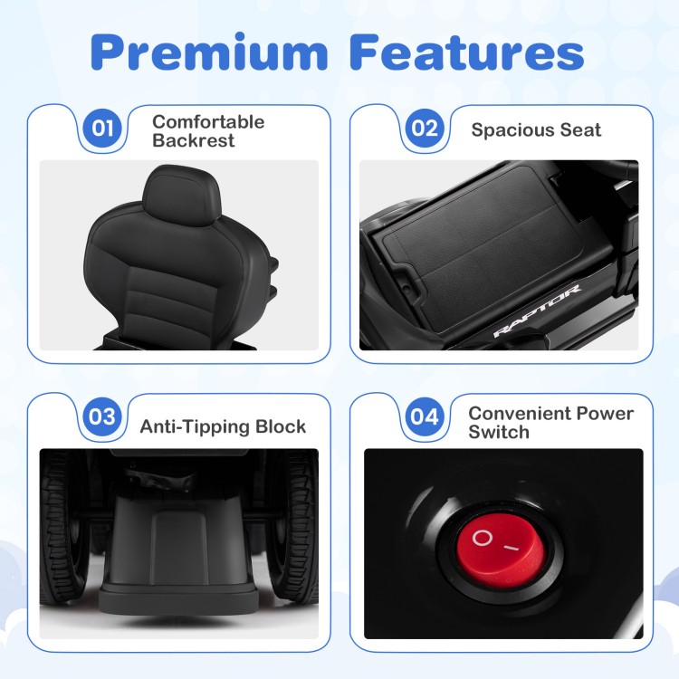 Comfortable backrest and spacious seat of the 3-in-1 licensed Ford push car for toddlers in black, ideal for playtime.