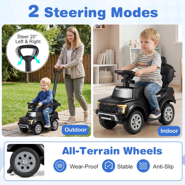 Licensed Ford push car for toddlers in black, featuring all-terrain wheels and 2 steering modes for indoor and outdoor.