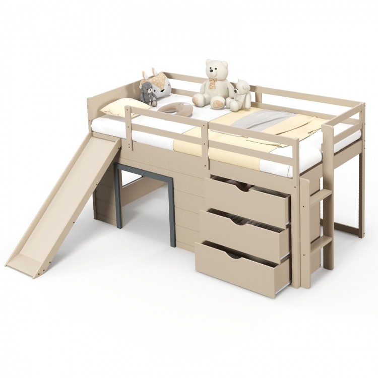 Twin loft bed in beige with slide, ladder, and drawers, made of solid wood for kids' storage and play space.