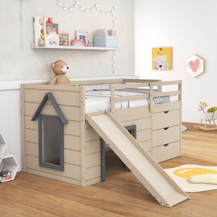 Twin loft bed with slide and drawers in beige, featuring solid wood construction and protective handrails for kids'.