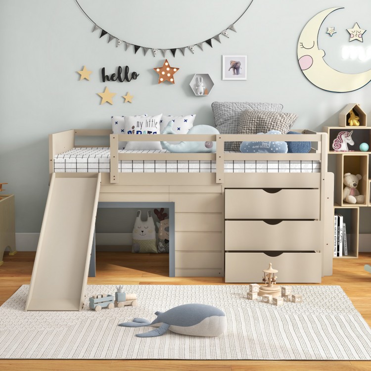 Twin loft bed in beige with slide, ladder, and drawers, designed for kids' storage and play space.