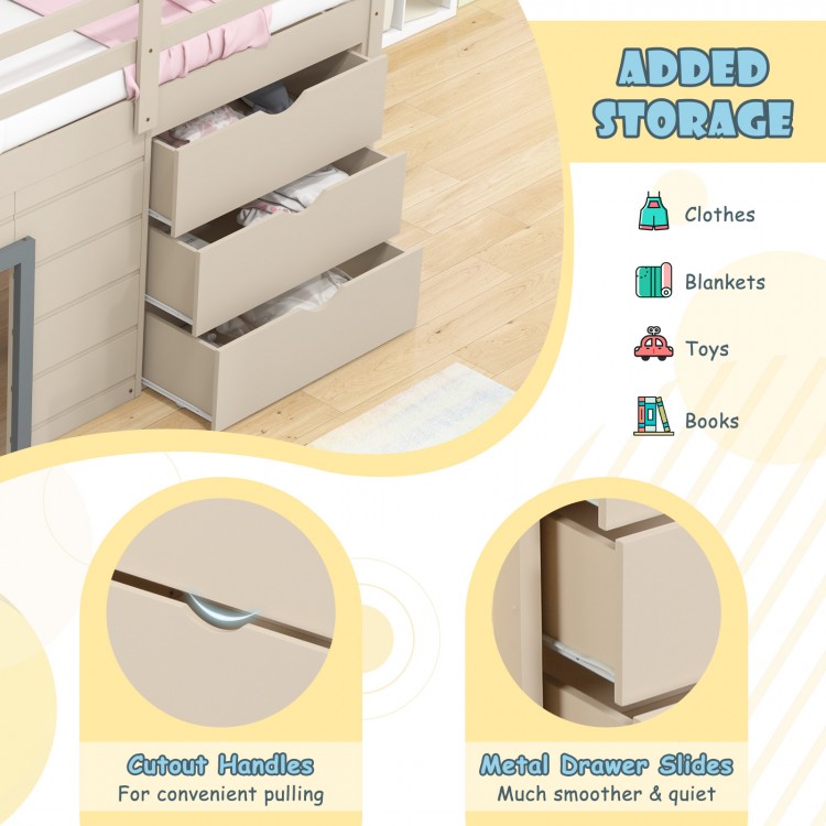 Three beige storage drawers with cutout handles under a twin loft bed, ideal for clothes, toys, and blankets.