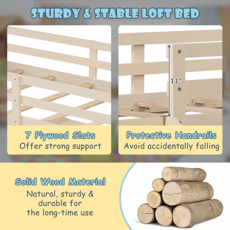 Twin loft bed with slide and drawers in beige, featuring sturdy plywood slats and protective handrails for safety.