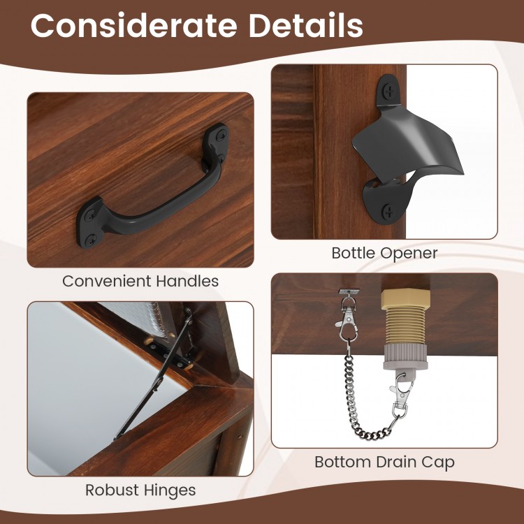 Close-up of the 3-layer insulated wood cooler's bottle opener, convenient handles, and robust hinges for easy access.