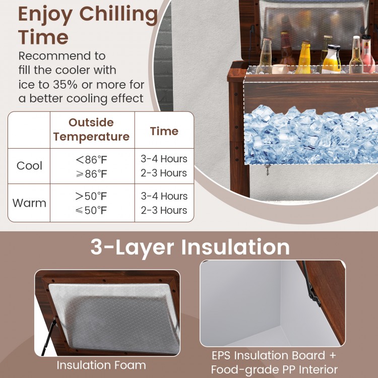 3-layer insulated wood cooler with solid pine frame, 54QT capacity, ideal for outdoor parties and easy transport.
