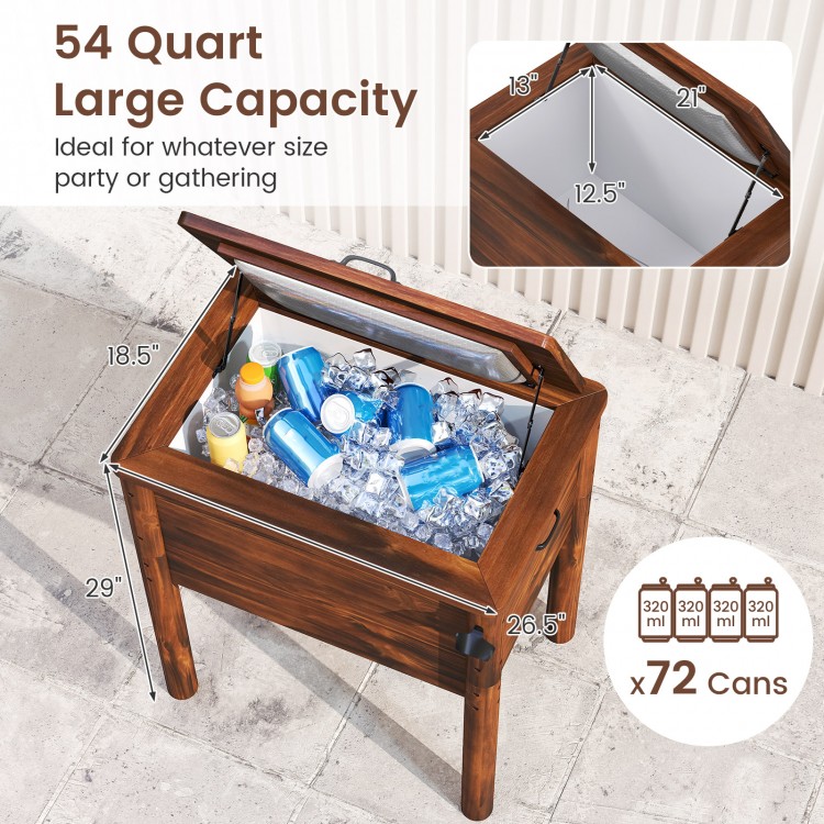 54QT insulated wood cooler with solid pine frame, large capacity for 72 cans, ideal for outdoor gatherings and parties.
