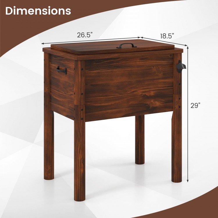 3-layer insulated wood cooler with dimensions 26.5" x 18.5" x 29", perfect for outdoor gatherings and easy transport.
