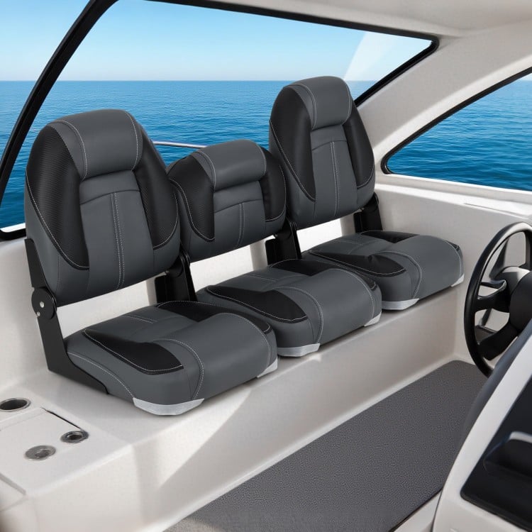 Folding boat seats in black with high-density 28D sponge padding, designed for comfort and easy installation on boats.