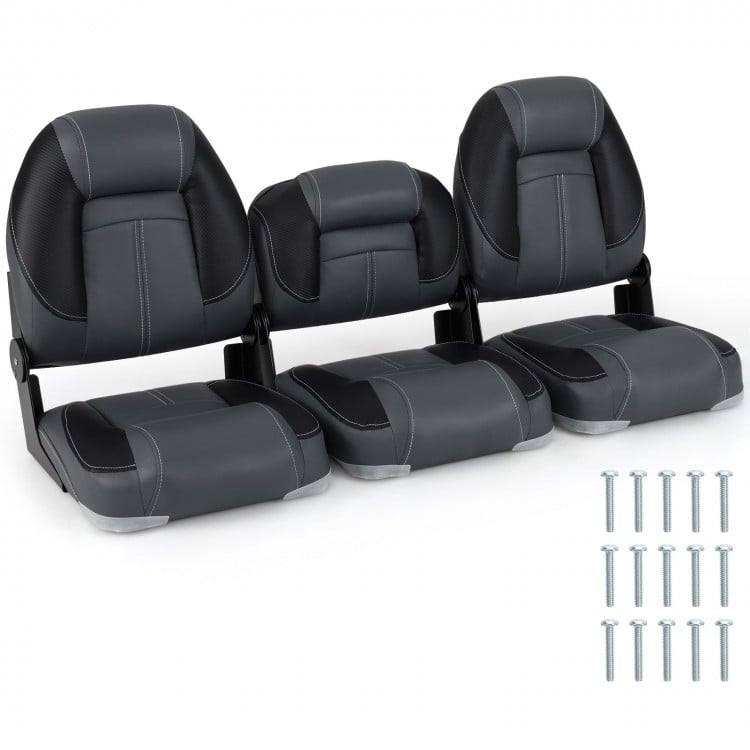 Three folding boat seats in black with high-density padding, designed for comfort and easy installation, ideal for.