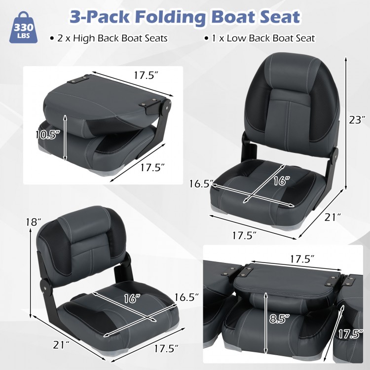 Folding boat seats set featuring 2 high-back and 1 low-back design, padded with 28D sponge for comfort and support.