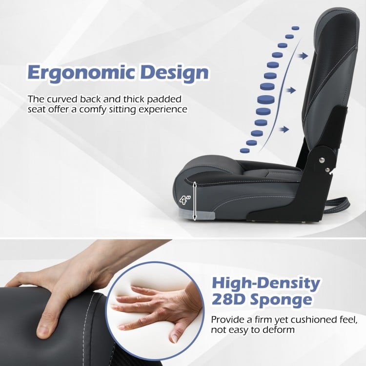 Curved back and thick padded seat of a black folding boat seat with high-density 28D sponge for comfort and support.