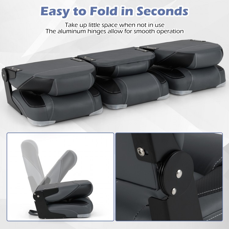Folding boat seats with ergonomic design, high-density 28D sponge, and aluminum hinges for easy storage and comfort.