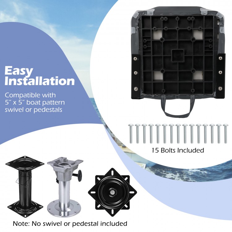 Installation kit with 15 bolts for 3-pack folding boat seats, compatible with 5" x 5" swivel or pedestals.