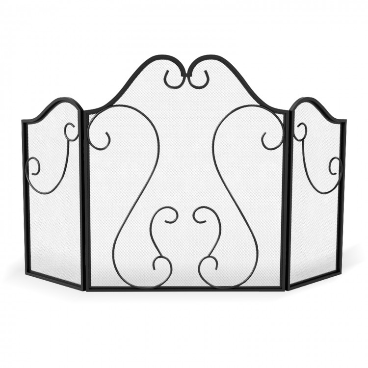 Foldable 3 panel fireplace screen with decorative scroll design, made of durable powder-coated metal for elegant.