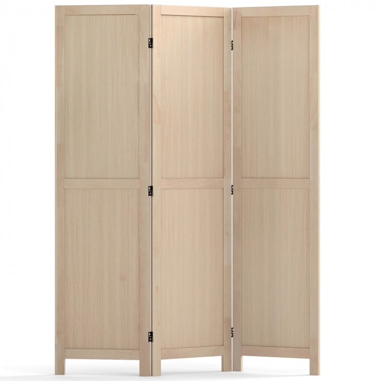 Three-panel folding room divider in beige wood, featuring sturdy support legs and smooth metal hinges for versatile use.