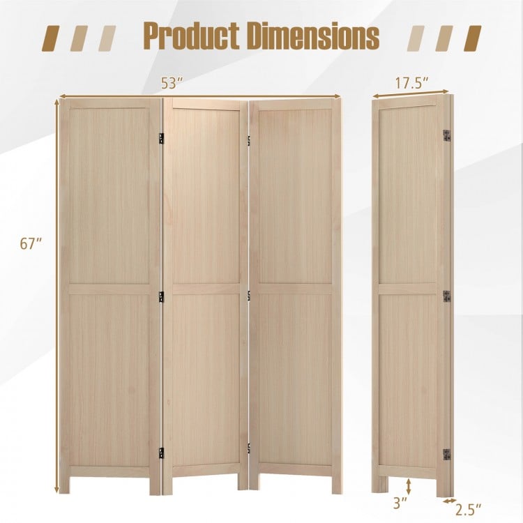 Beige 3 panel folding room divider showcasing dimensions, ideal for home office or bedroom use with a compact design.