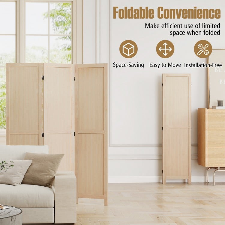 3 panel folding room divider in beige with natural wood texture, perfect for home office or bedroom space-saving.
