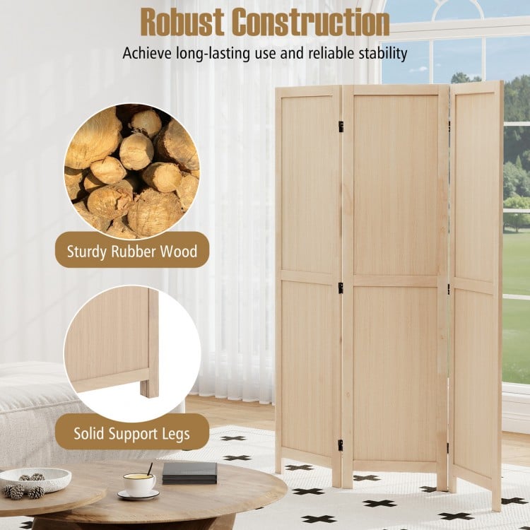 Three-panel folding room divider in beige, made of sturdy rubber wood, ideal for home office or bedroom use.