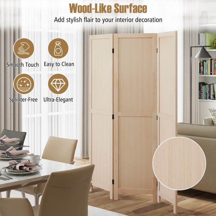 Three-panel folding room divider in beige, featuring a wood-like surface, ideal for home office or bedroom decor.