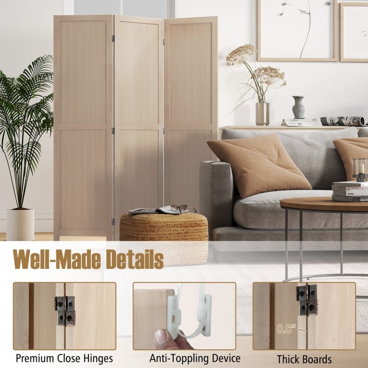 Three-panel folding room divider in beige with premium hinges, designed for stability and compact storage in any space.