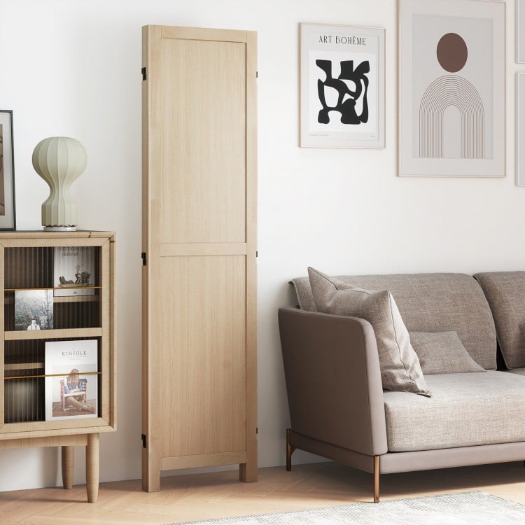 Beige 3 panel folding room divider with wood structure and smooth metal hinges, ideal for home office or bedroom use.
