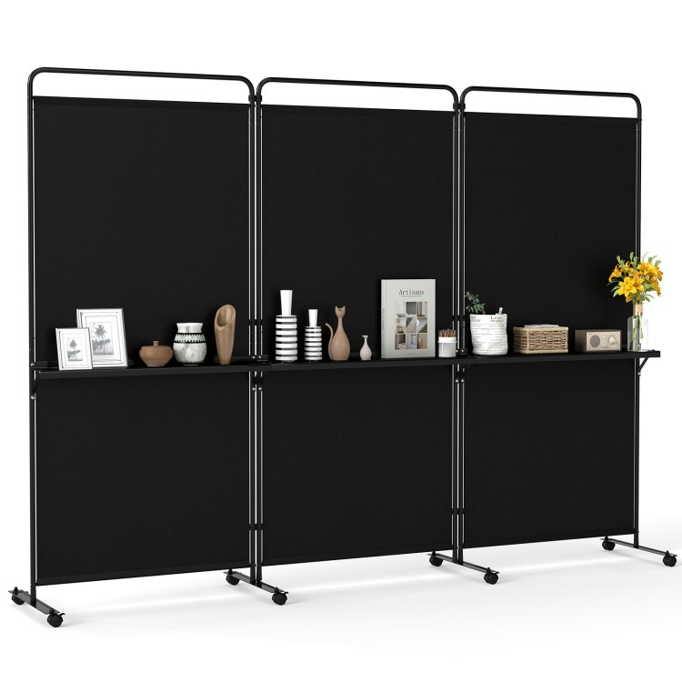 3-panel black room divider with shelves, featuring lockable wheels, ideal for privacy and display in various spaces.