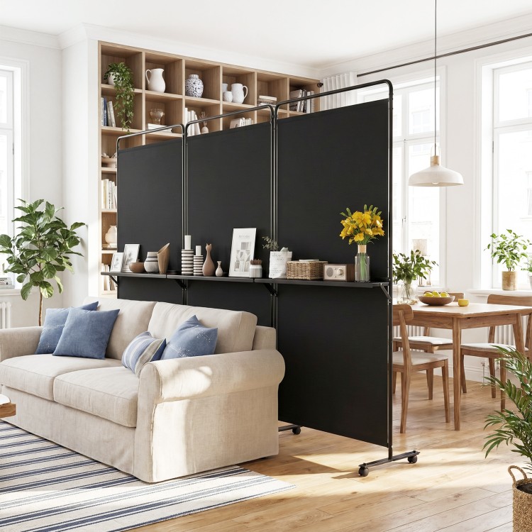 3-panel black room divider with shelves, 6 ft tall, featuring lockable wheels for versatile use in any space.
