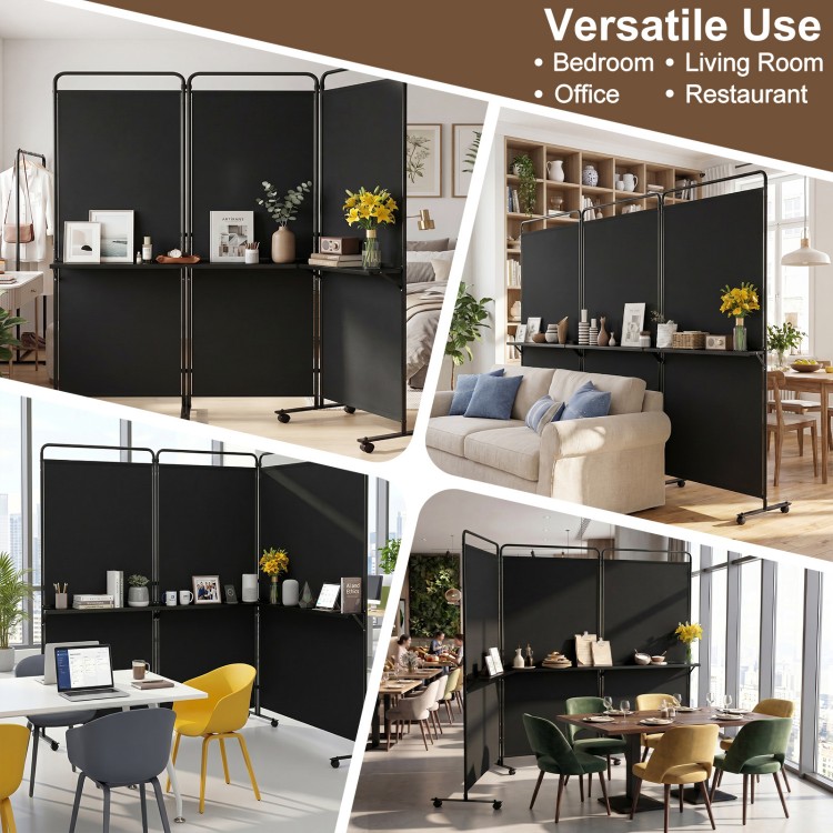 3-panel black room divider with shelves, 6 ft tall, ideal for privacy in office, living room, or restaurant settings.