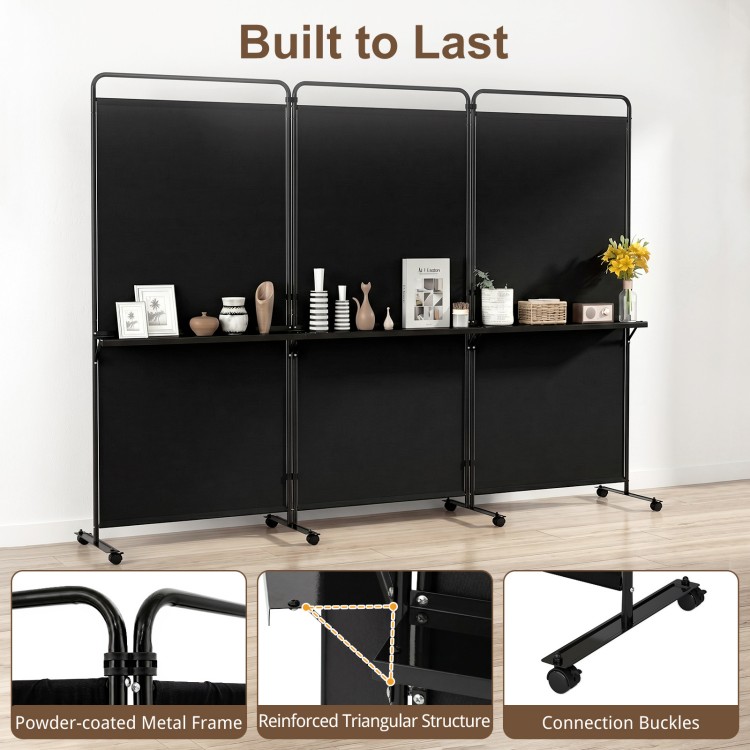 3-panel black room divider with shelves, featuring a powder-coated metal frame and lockable wheels for versatile use.