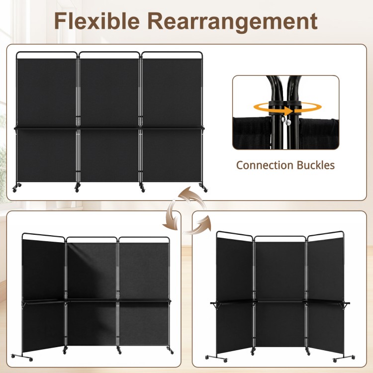 3-panel black room divider with shelves, featuring connection buckles and lockable wheels for versatile privacy.