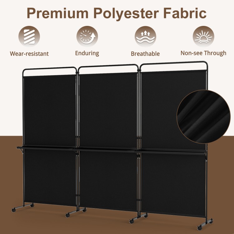 3-panel black room divider with shelves, made of wear-resistant polyester fabric, ideal for privacy and organization.