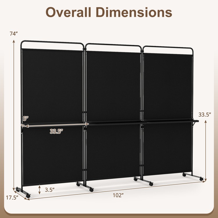 3-panel room divider with shelves, 6 ft tall, black fabric, lockable wheels for easy movement, ideal for privacy and.