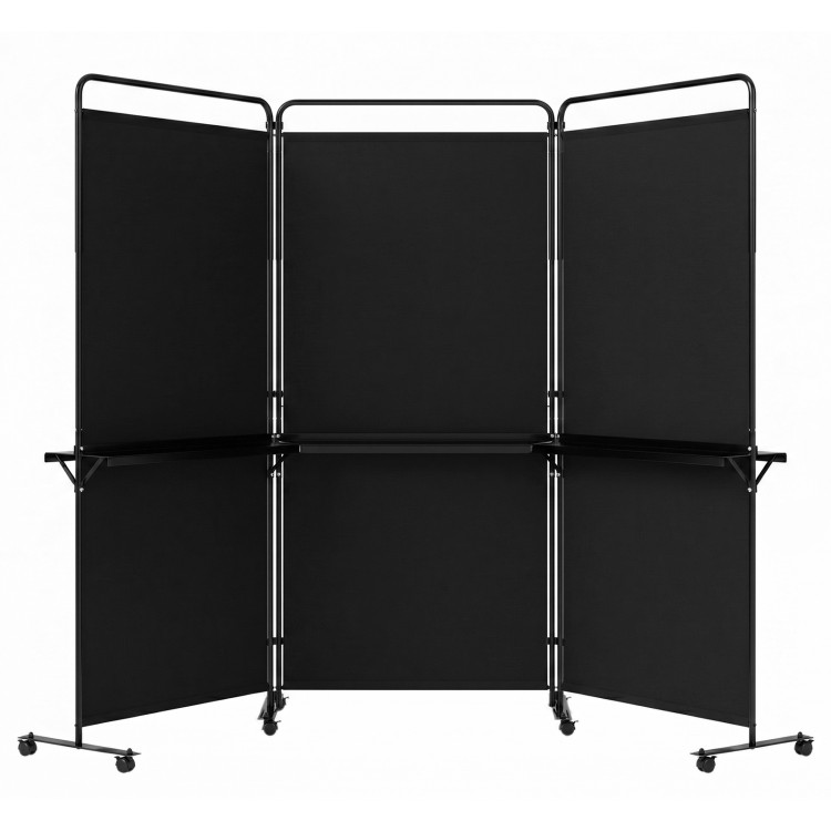 3-panel black room divider with shelves, 6 ft tall, featuring lockable wheels for versatile privacy and organization.