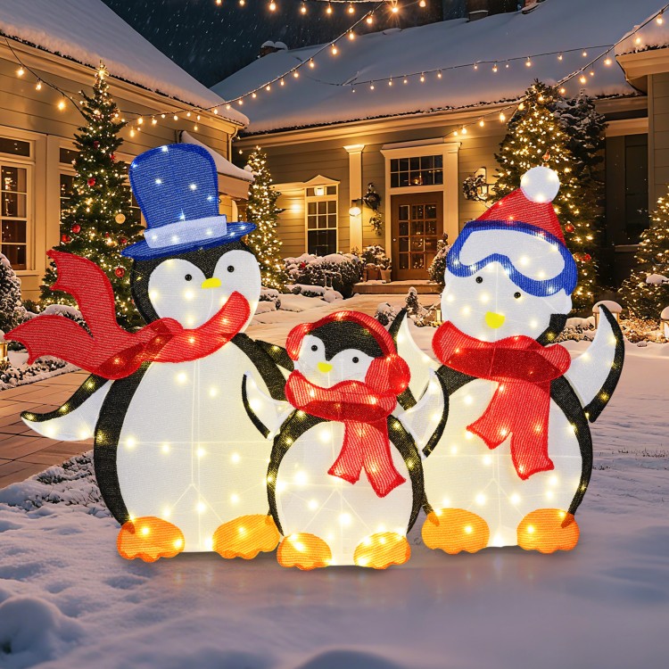 Lighted 3-piece penguin family Christmas decoration with 160 LED lights, featuring a dad, mom, and baby in scarves for.