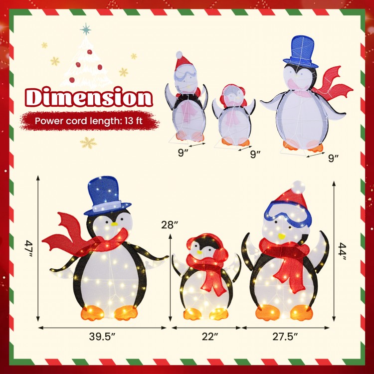 3-piece lighted penguin family Christmas decoration with 160 LED lights, featuring a dad, mom, and child in festive.