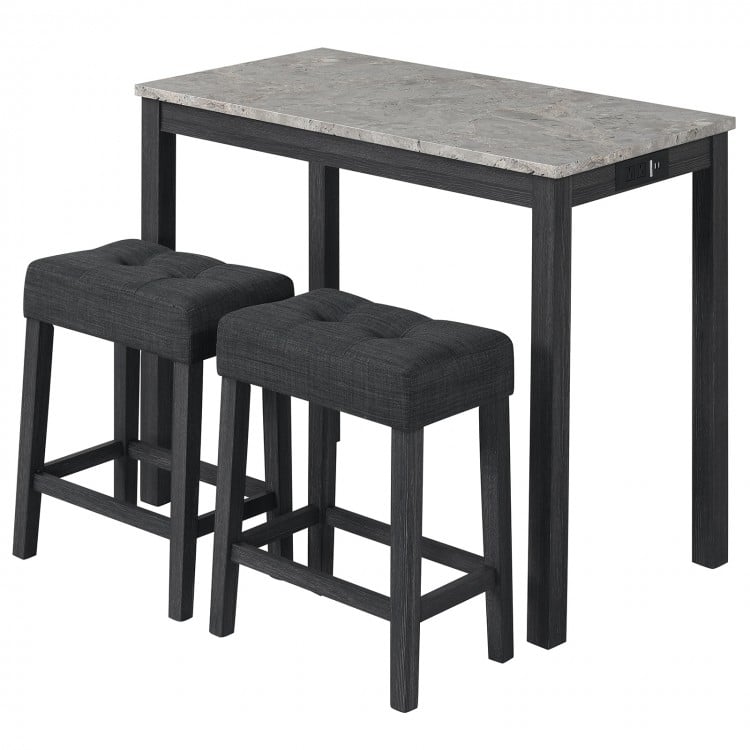 3-piece bar table set featuring a faux marble top, upholstered stools, and a side charging station for convenience.