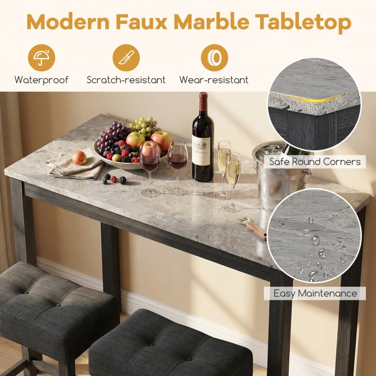 3-piece bar table set featuring a modern faux marble tabletop, upholstered stools, and side charging station for.