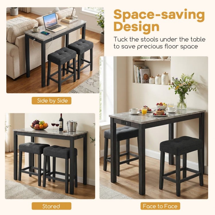 3-piece bar table set with faux marble top, includes upholstered stools, features side charging station for convenience.