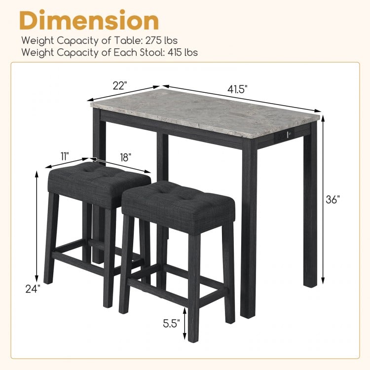 Dimension chart for the 3-piece bar table set, detailing table and stool weights and measurements for optimal space.