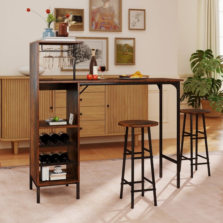 Rustic brown 3-piece bar table set with wine rack, featuring a spacious tabletop and sturdy metal frame for stability.