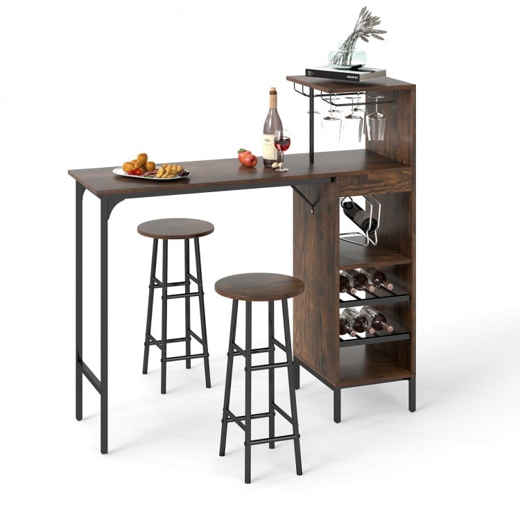 3-piece rustic brown bar table set with wine rack, glass holders, and sturdy metal frame for space-saving dining.