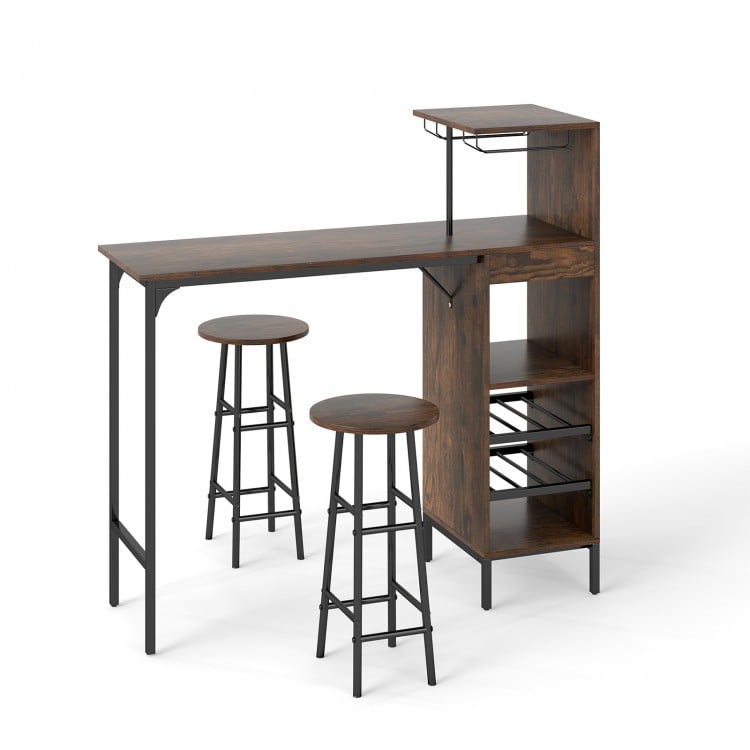 3-piece bar table set in rustic brown with wine rack, featuring a spacious tabletop and sturdy metal frame for.